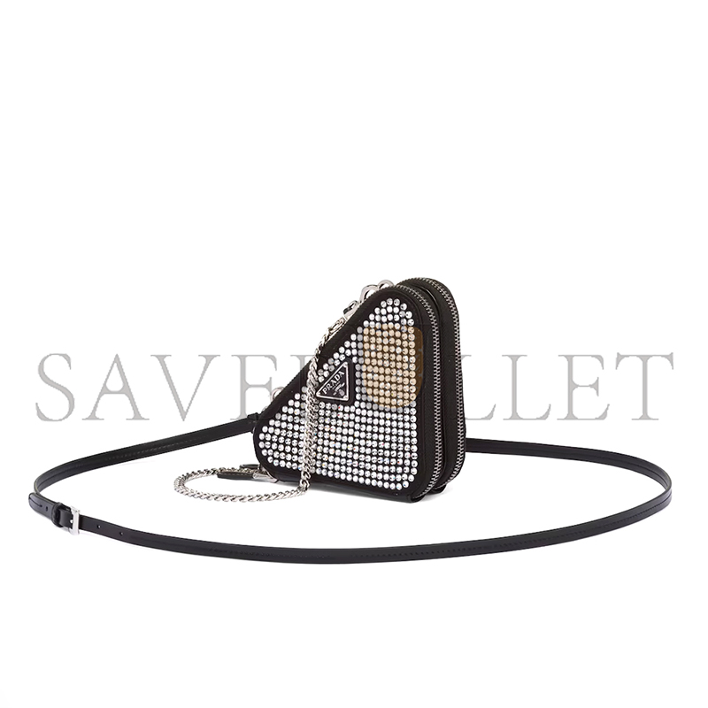 PRADA TRIANGULAR EMBELLISHED SATIN AND LEATHER MINI-POUCH 1NR015 (15*15*10cm) PRADA TRIANGULAR EMBELLISHED SATIN AND LEATHER MINI-POUCH 1NR015 (15*15*10cm)